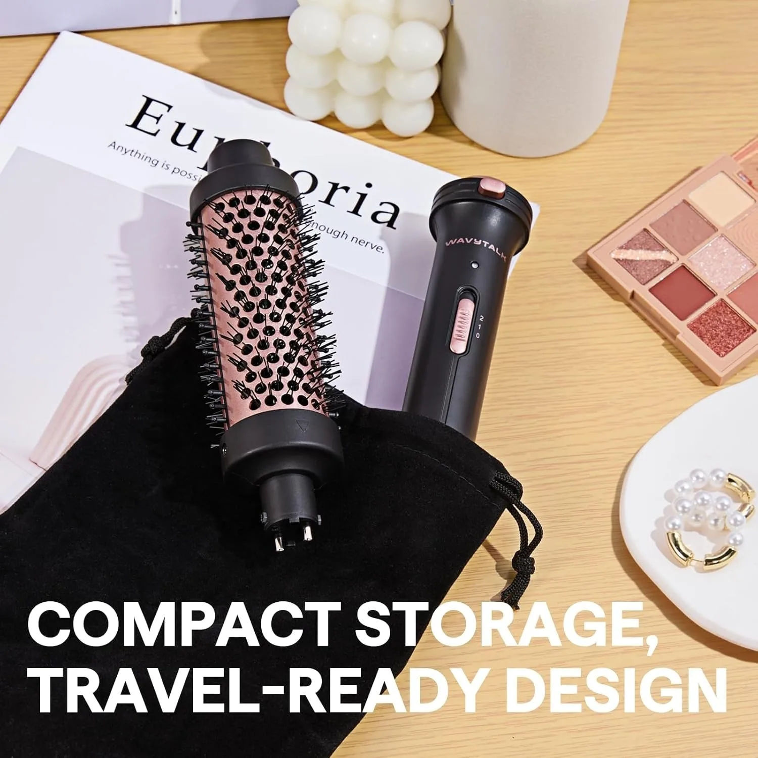 Wavytalk Cepillo Térmico, Cepillo Redondo Calentado de 1 1/2 Pulgadas con Cabeza Desmontable, Bolsa de Terciopelo y Doble Voltaje para Viajes, Fácil de Crear Look de Peina
