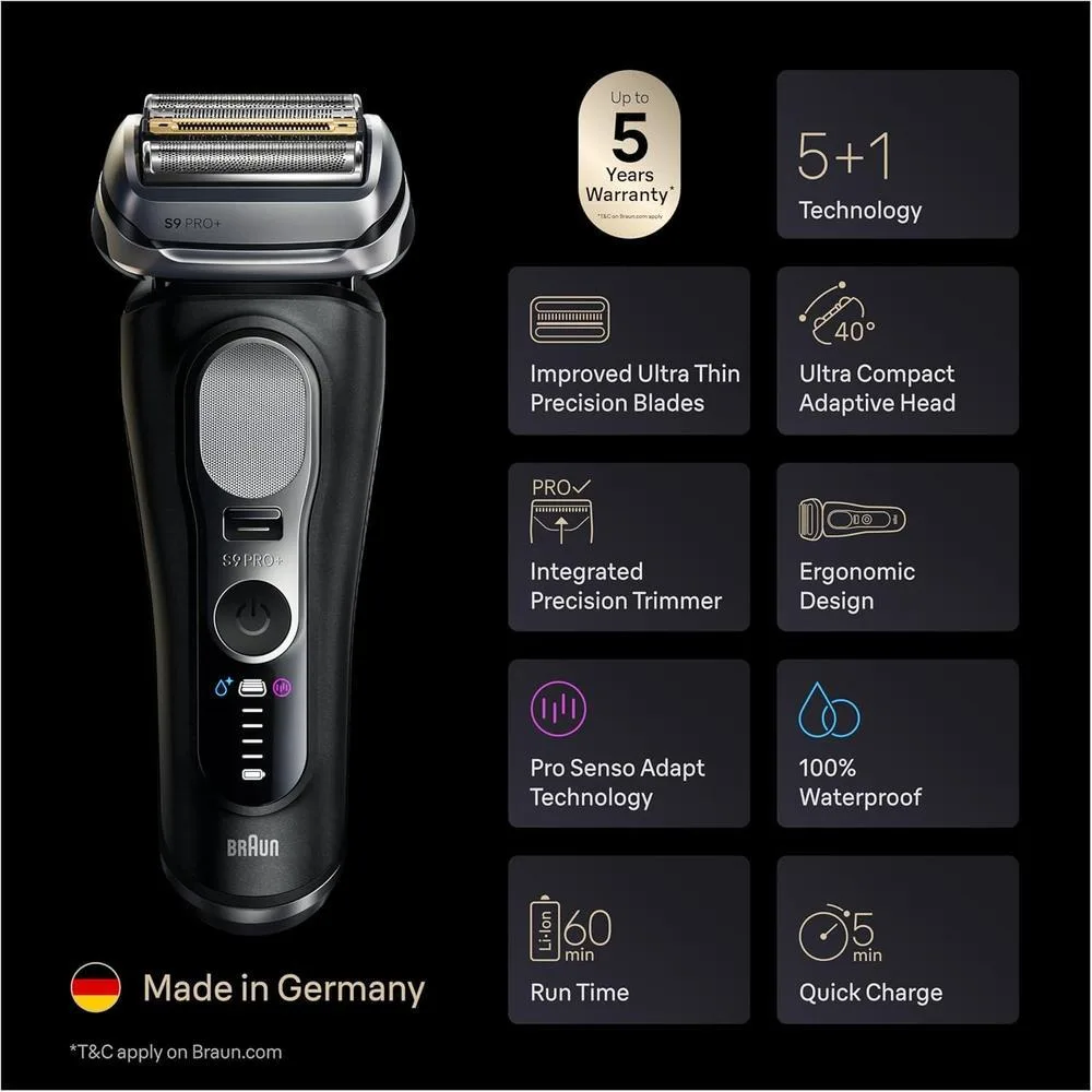 Afeitadora eléctrica Braun Series 9 PRO+ con Pro SensoAdapt, centro SmartCare 6 en 1 para uso húmedo y seco, color negro