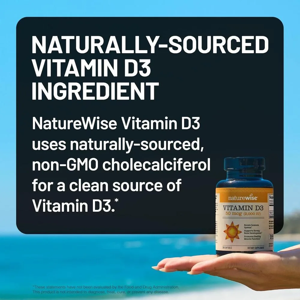 Cápsulas de gel de vitamina D3 de NatureWise, 2000iu para apoyar el sistema inmunológico y la salud ósea y muscular
