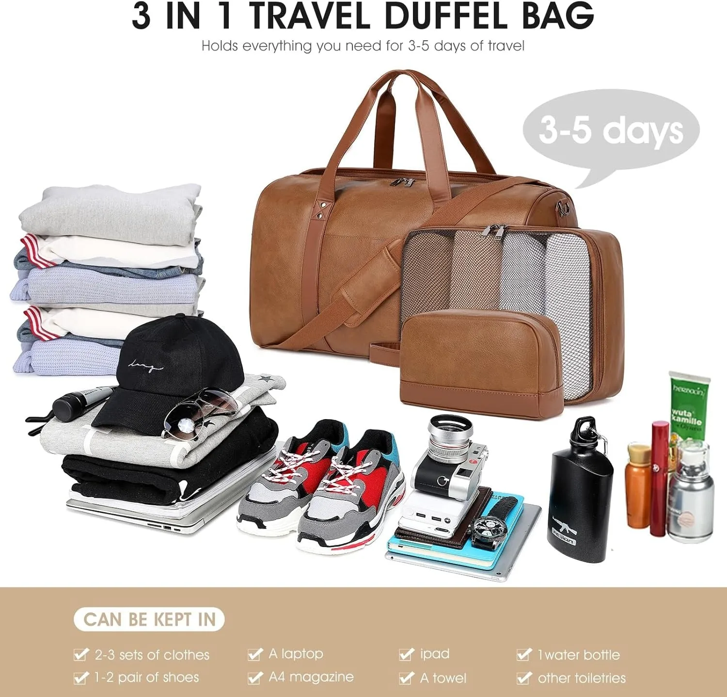 Wogarl 3PCS Faux Leather Weekender Bag for Women Men Travel Bag