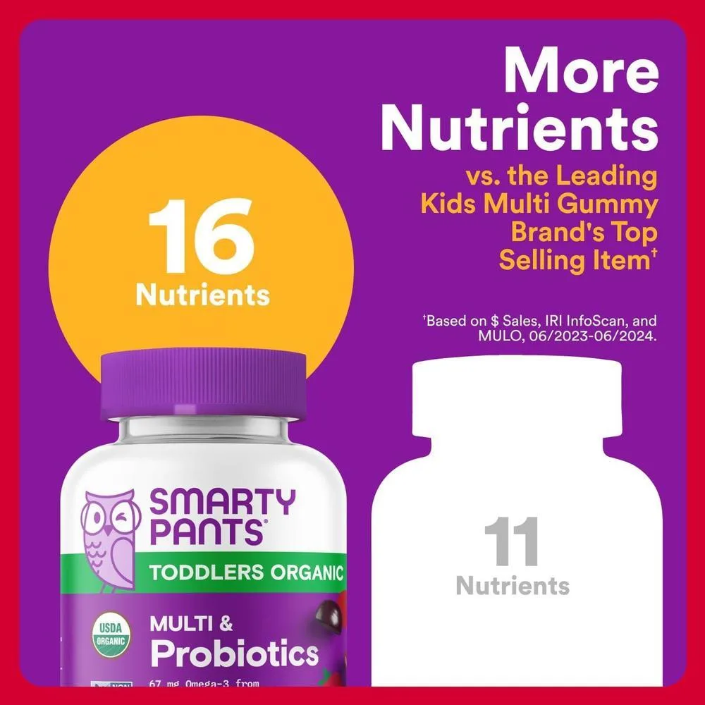 Gomitas multivitamínicas orgánicas para niños con probióticos, vitaminas y omega 3, sabores frutales, sin gluten