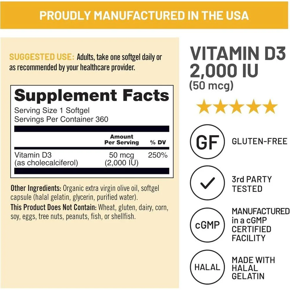 Cápsulas de gel de vitamina D3 de NatureWise, 2000iu para apoyar el sistema inmunológico y la salud ósea y muscular