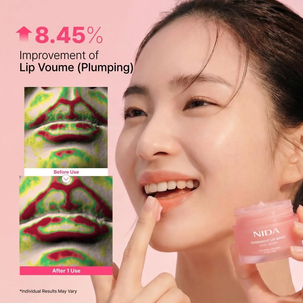 Máscara de noche para labios NIDA Very Berry con hidratación intensa y efecto rellenador para labios secos y agrietados