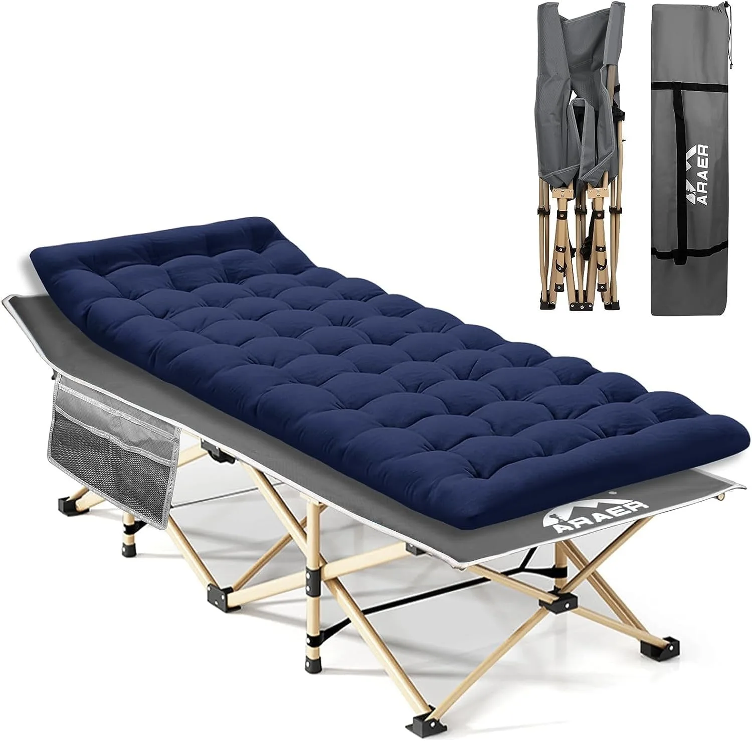 ARAER Camping Cot with Mattress, Folding Outdoor Bed for Adults, Heavy Duty Cot with Carry Bag for Camping, Travel, Office Nap, Beach Vocation and Home Lounging, 450LBS Max Load (Navy Blue)