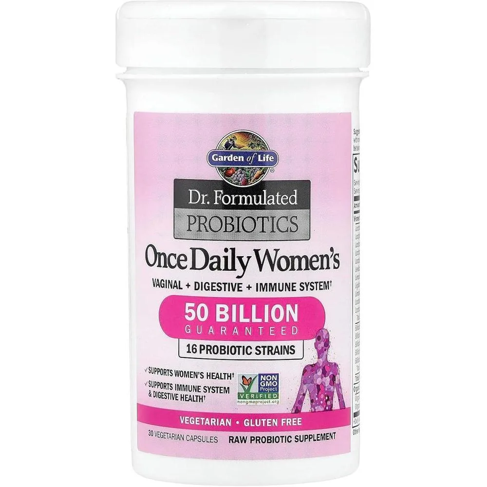 Suplemento probiótico para mujeres, formulado para salud digestiva e inmunitaria, sin gluten. Contiene 30 cápsulas