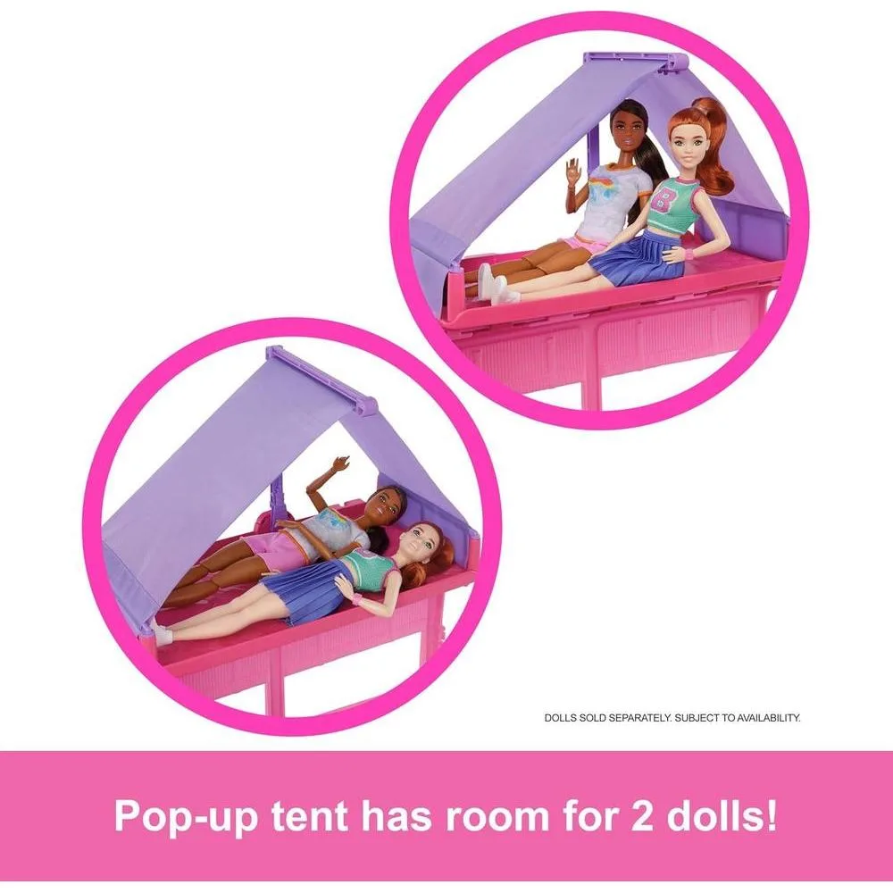 Barbie Dream Camper con carpa en el techo, silla columpio, estanque, parrilla con cambio de color y más de 60 accesorios