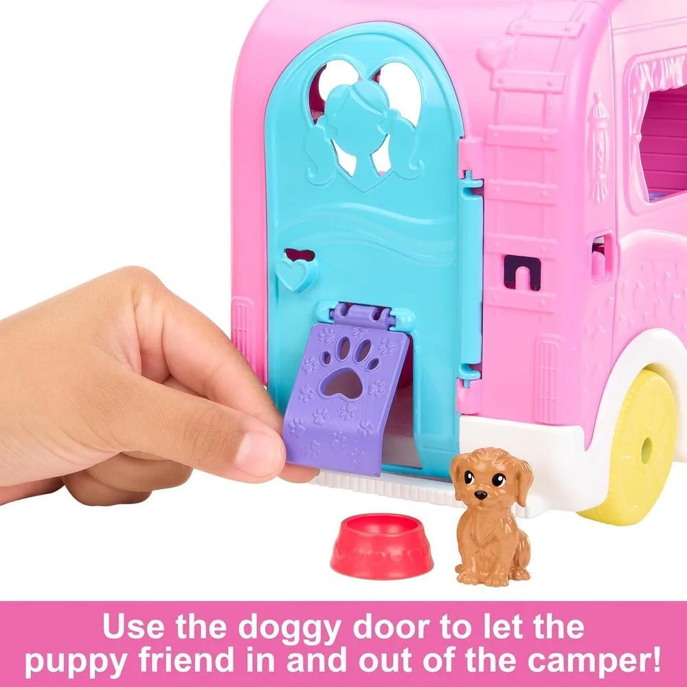 Barbie Camper Chelsea Playset 2-en-1 con Muñeca Pequeña, 2 Mascotas y 15 Accesorios - Exclusivo de Amazon