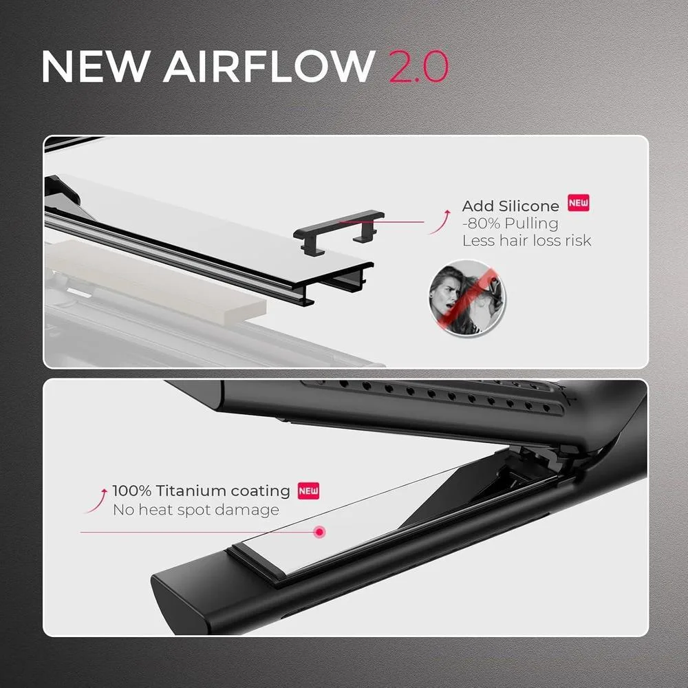 TYMO Airflow 2.0 Plancha rizadora de pelo 2 en 1 con tecnología avanzada, antienredos y 5 ajustes de temperatura, color negro