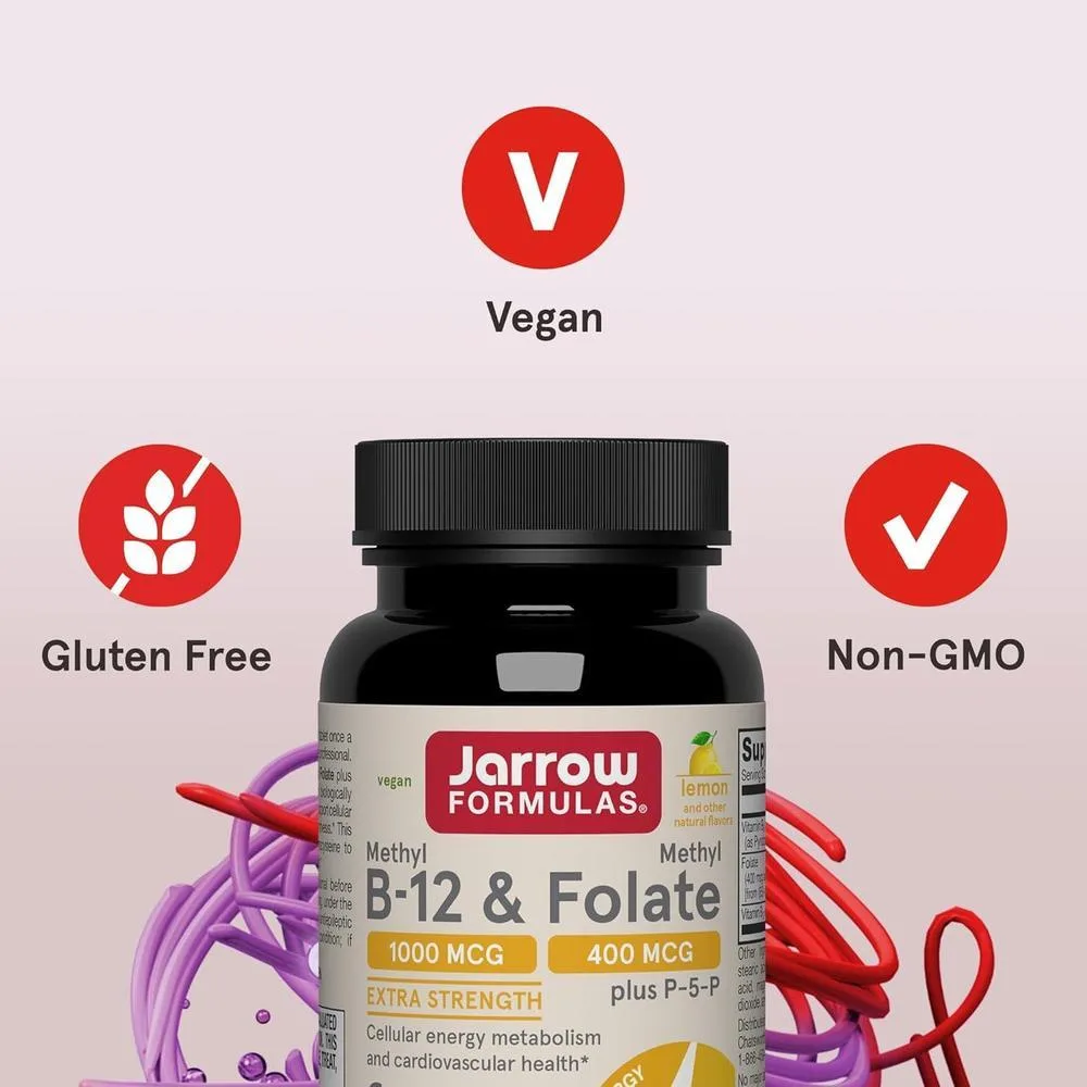 Suplemento Jarrow Formulas Methyl B-12 y Methyl Folate, vitaminas B9 y B12 bioactivas