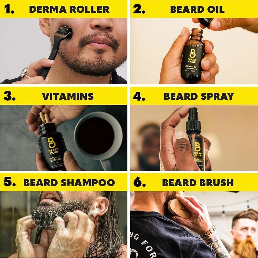 The Beard Club Advanced Beard Growth Kit - Derma Roller, Growth Oil, Vitamins and Vitamin Spray, Shampoo and Boar Bristle Brush - Gift Set - Cedar