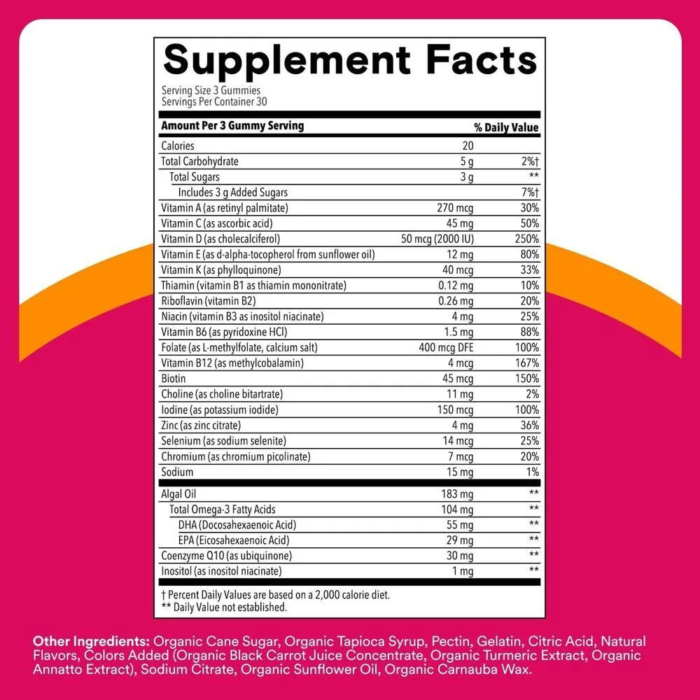 SmartyPants Gomitas Multivitamínicas para Mujer con Omega 3, Metilfolato, CoQ10, Vitaminas D3, C, B12, B6, A, K y Zinc, 90 Unidades