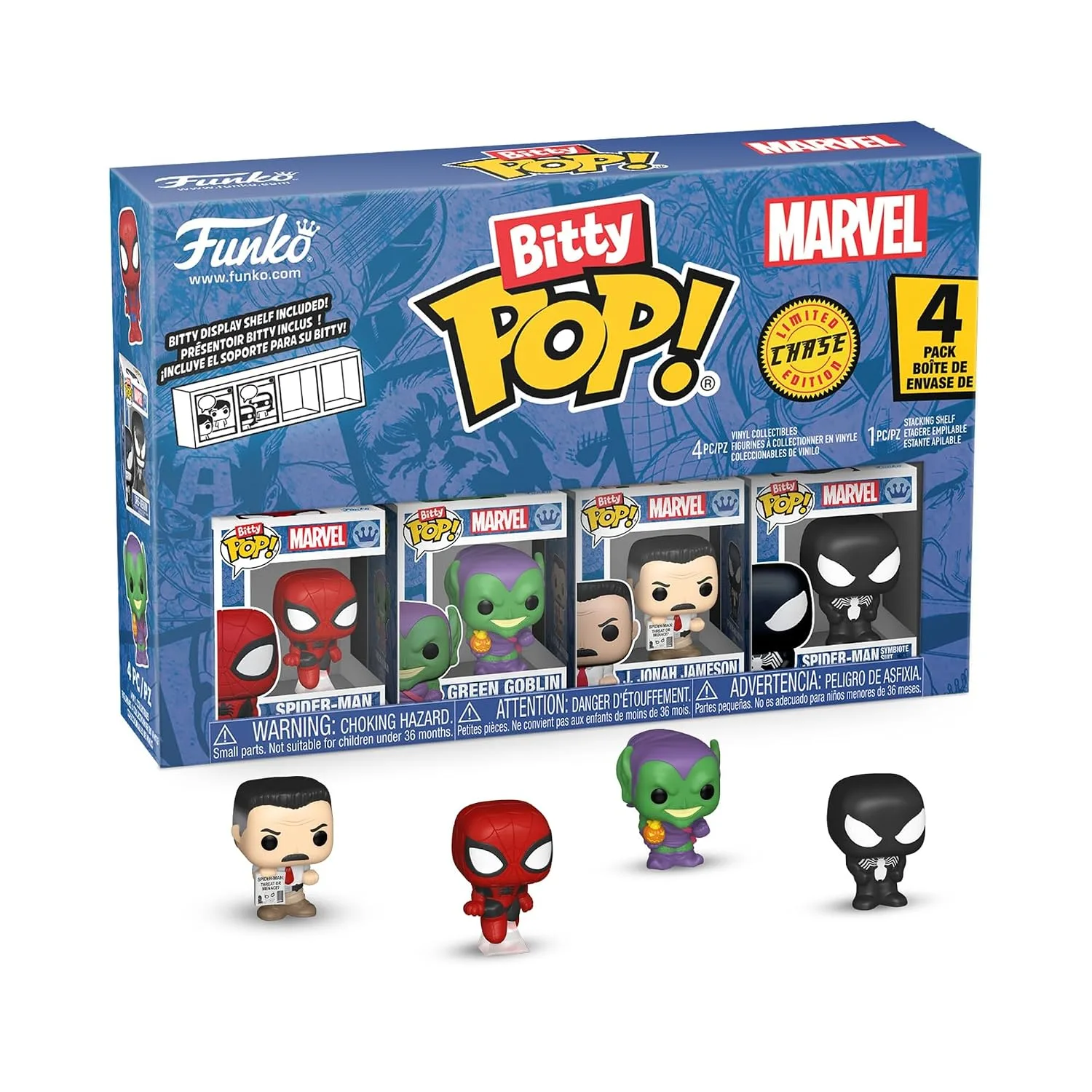 Funko Pop! Bitty Spider-Man Pack: Spider-Man, Green Goblin, J Jonah Jameson y Figura Chase