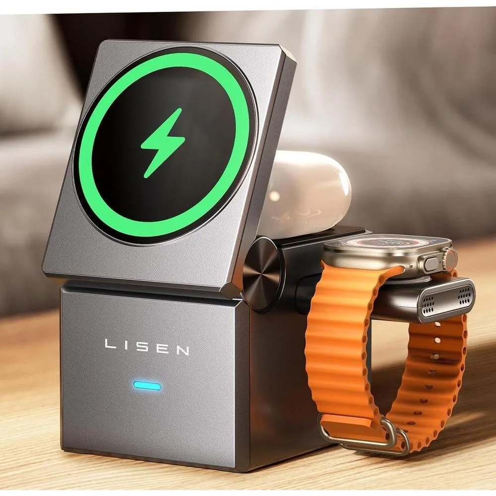 Cargador inalámbrico Lisen Qi2 MagSafe 3 en 1 plegable para iPhone y Apple Watch