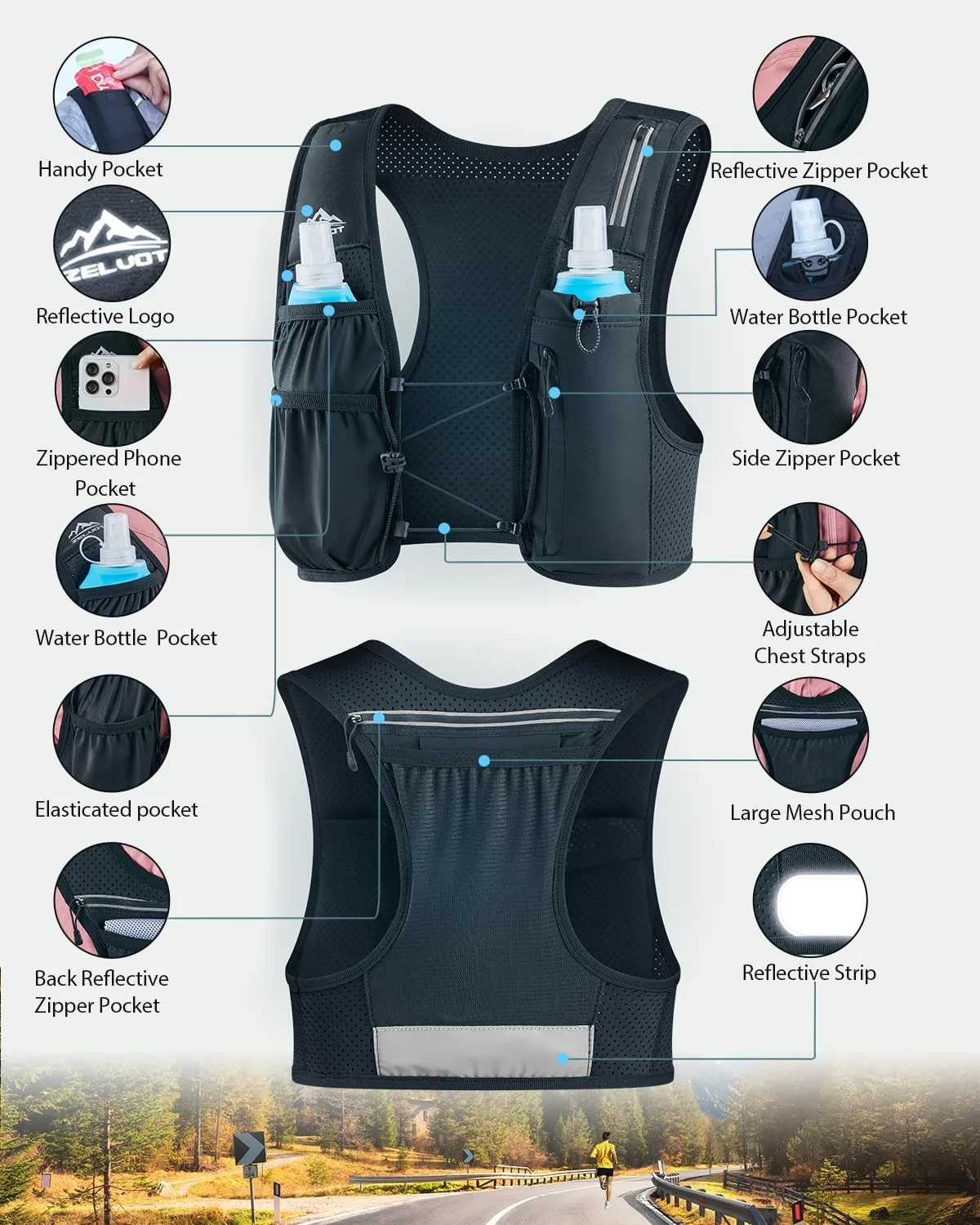 Chaleco de correr para mujeres y hombres, patente de EE. UU., correas ajustables para el