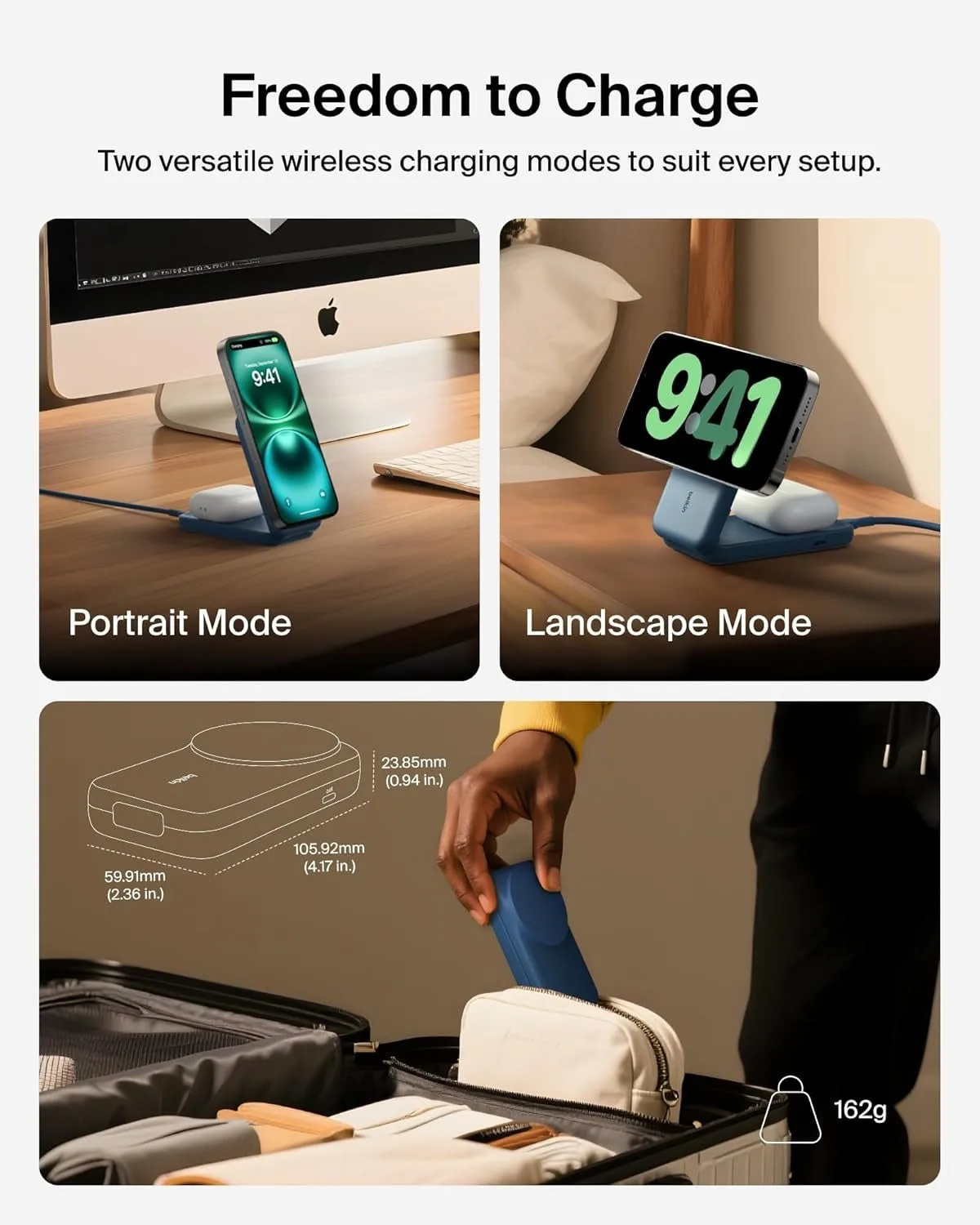 Belkin MagSafe Charger, Compatible 2-in-1 Charging Station, Qi2.2 25W Magnetic Wireless Charger iPhone, Foldable Stand, with 5W USB-C Port, for iPhone 17/16/15, Pixel 10, AirPods, 45W Adapter Included