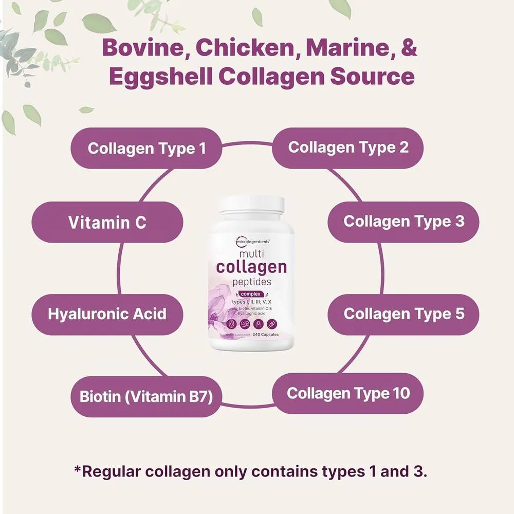Píldoras de colágeno múltiple con biotina, ácido hialurónico y complejo de vitamina C. Sin OMG ni rellenos. 240 cápsulas