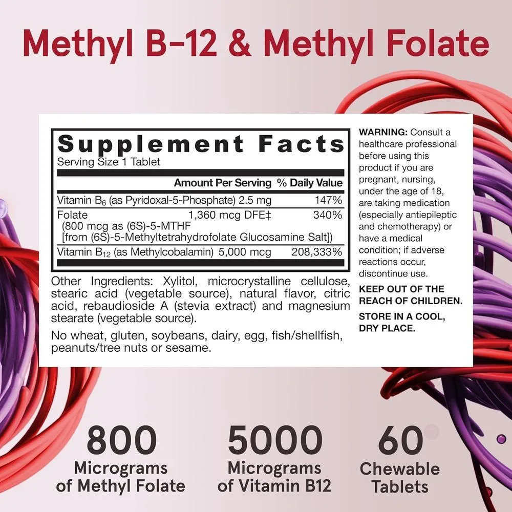 Pastillas de Metil B-12 con Folato de metilo y Piridoxal-5-fosfato para apoyo celular y cardiovascular