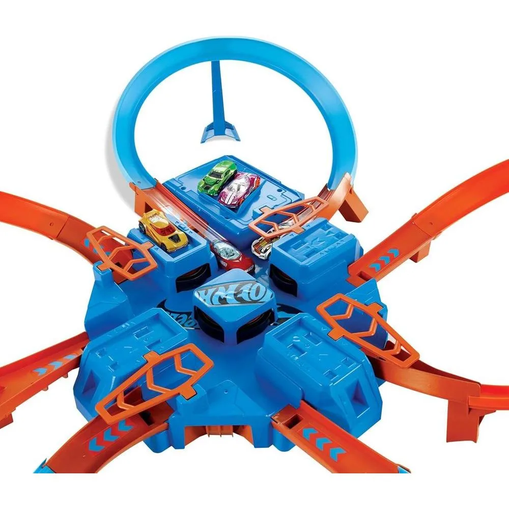 Hot Wheels Track Set con Auto de Juguete a Escala, Intersecciones para Choques, Booster Motorizado, Criss-Cross Crash Track
