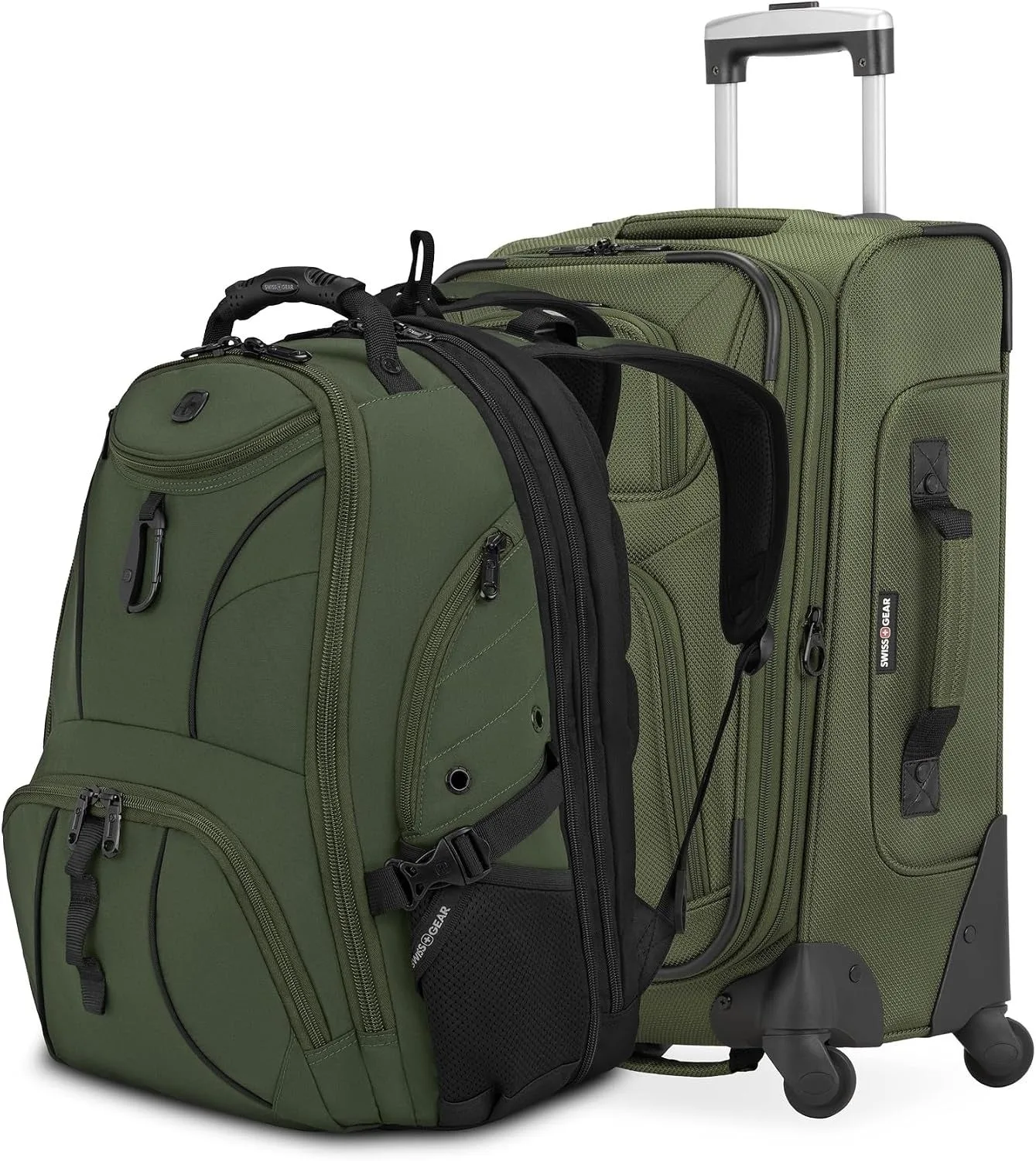 SWISSGEAR Sion 2-Piece Travel Set, Softside Expandable Carry-On Spinner Bundled with 1900 ScanSmart 17" Laptop Backpack with RFID Blocking & Tech Organization, Evergreen