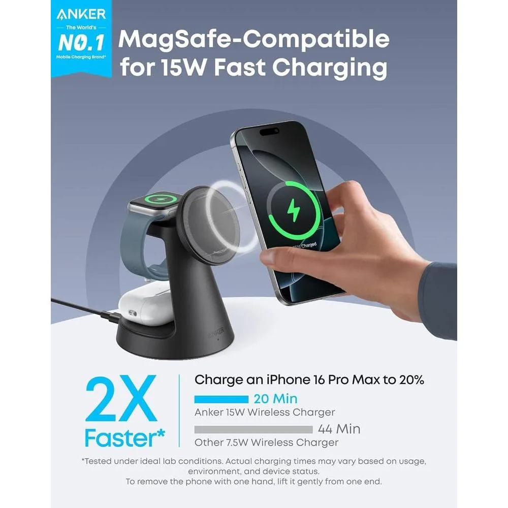 Anker MagSafe Cargador Compatible con iPhone 17/16/15/14, Apple Watch y AirPods, Estación de Carga 3 en 1 MagGo