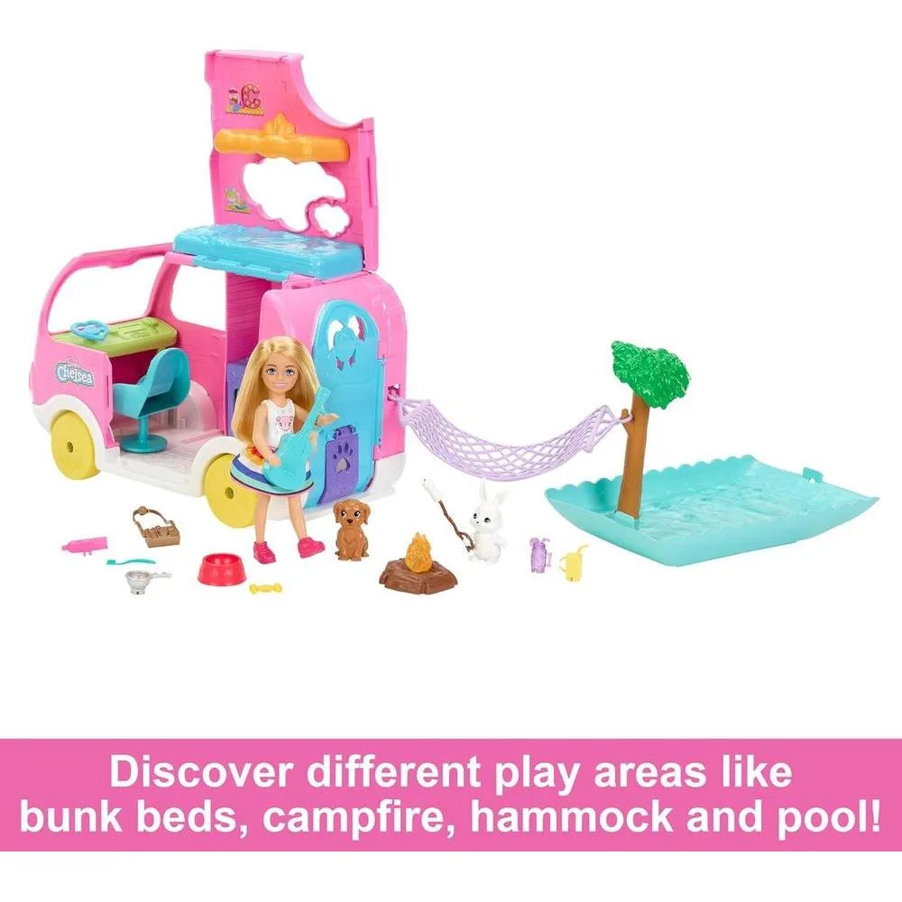 Barbie Camper Chelsea Playset 2-en-1 con Muñeca Pequeña, 2 Mascotas y 15 Accesorios - Exclusivo de Amazon