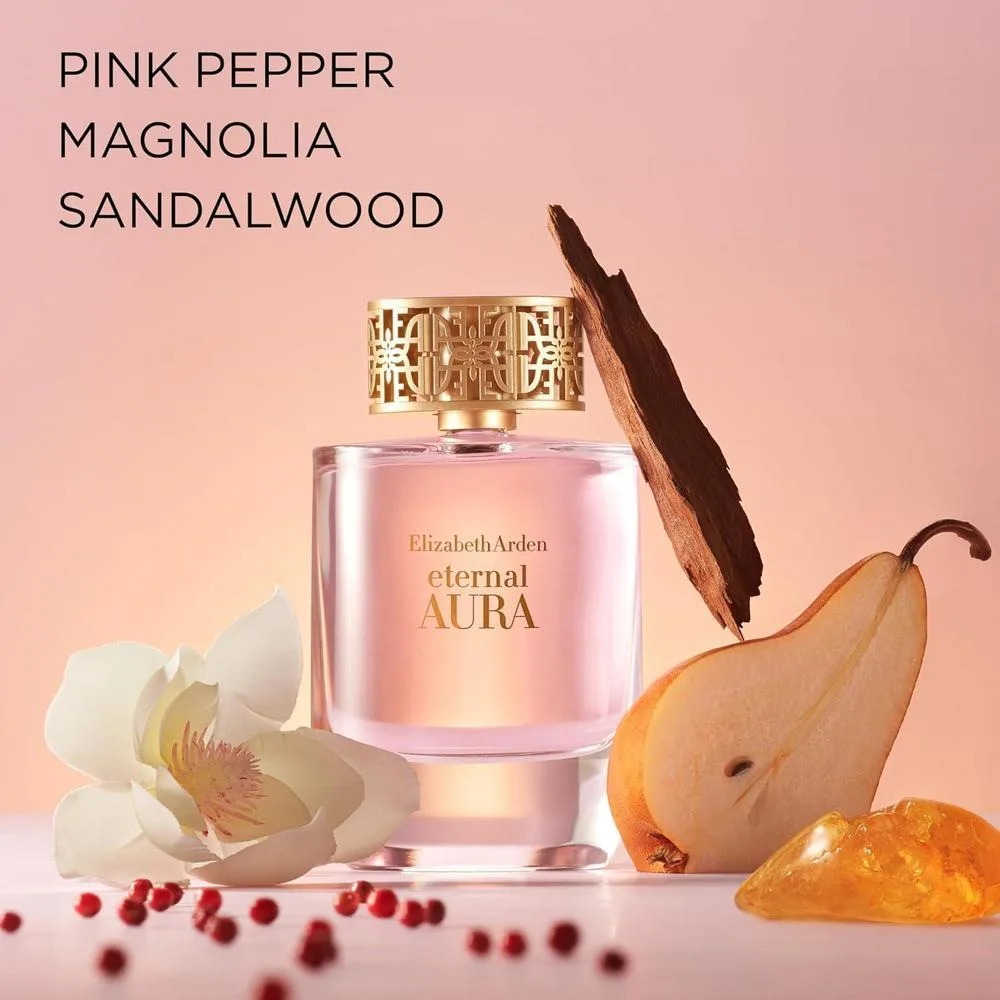 Perfume Eternal Aura Eau de Parfum Elizabeth Arden con notas de pimienta rosa, magnolia y sándalo, aroma floral y ámbar