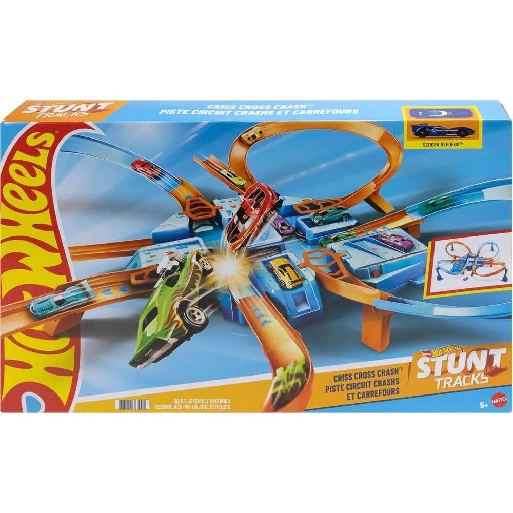 Hot Wheels Track Set con Auto de Juguete a Escala, Intersecciones para Choques, Booster Motorizado, Criss-Cross Crash Track
