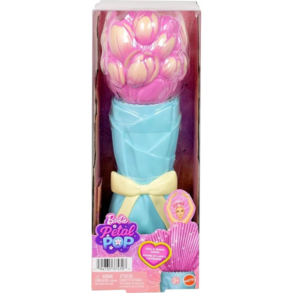 Muñeca Barbie Petal Pop con accesorio sorpresa y fragancia floral, revela bouquet con conejo y más sorpresas