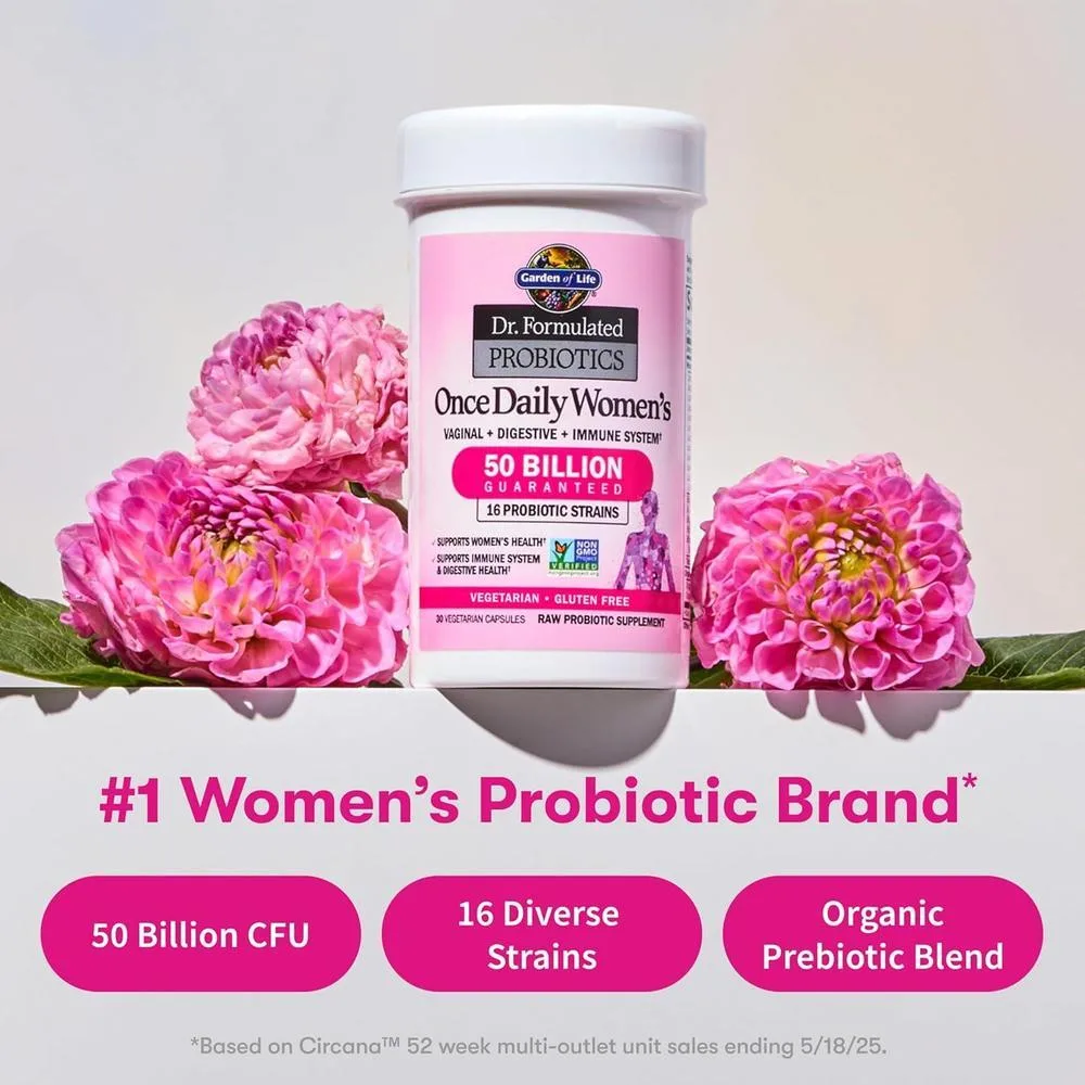 Suplemento probiótico para mujeres, formulado para salud digestiva e inmunitaria, sin gluten. Contiene 30 cápsulas