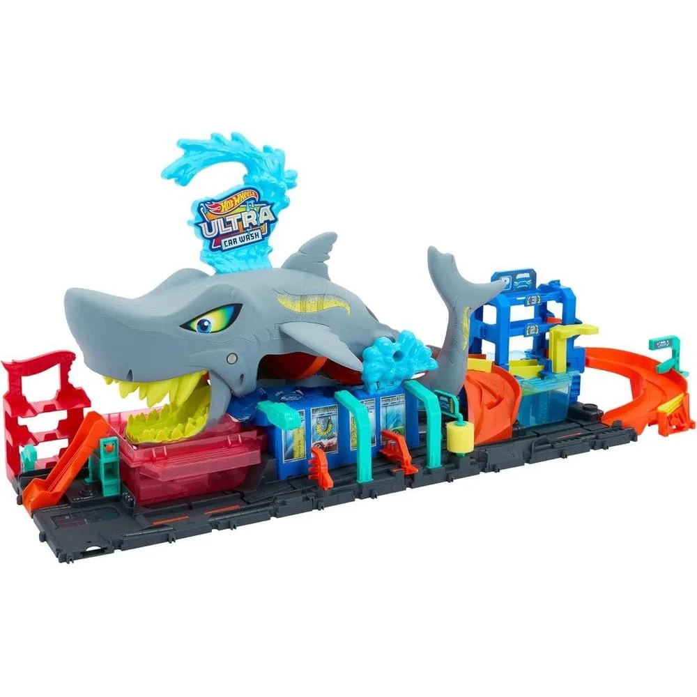 Set de pista Hot Wheels City con lavado de autos Shark Ultra, vehículo a escala 1:64 color cambiante y almacenamiento