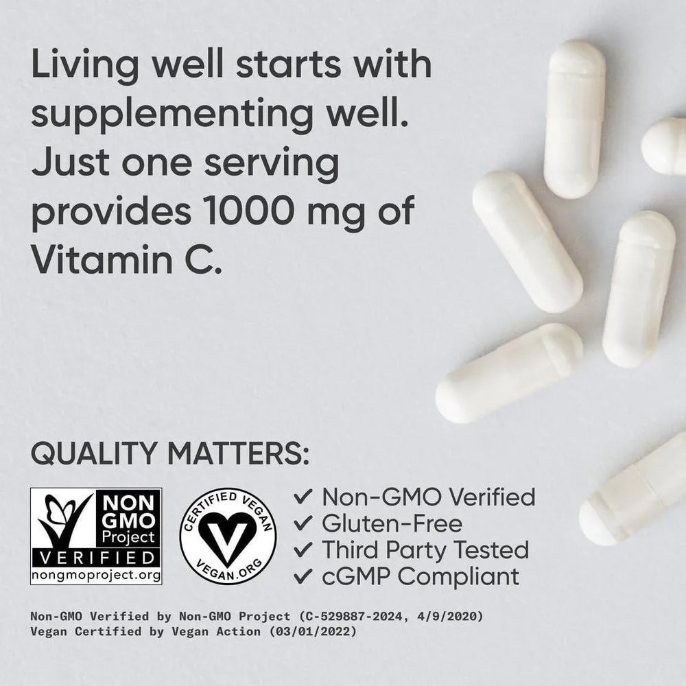 Suplemento de vitamina C de alta potencia con antioxidantes y apoyo inmunológico, cápsulas veganas sin OGM ni gluten