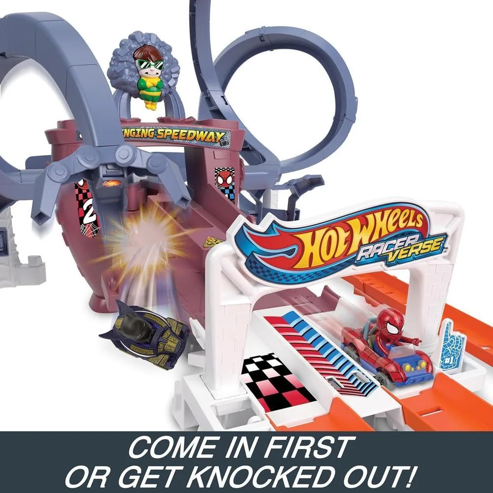 Pista Hot Wheels RacerVerse Spider-Man Web-Slinging Speedway con autos de Spider-Man y Black Panther. Carrera contra Doc Ock