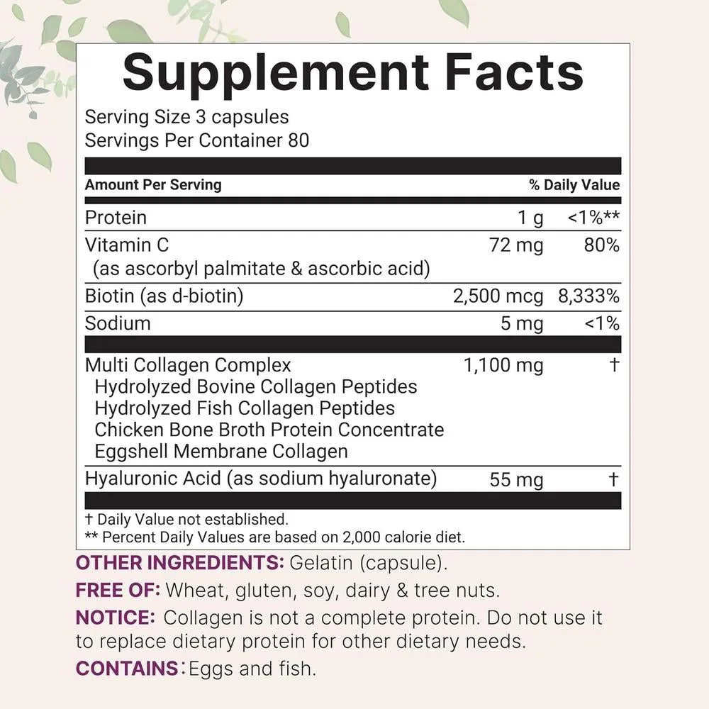 Píldoras de colágeno múltiple con biotina, ácido hialurónico y complejo de vitamina C. Sin OMG ni rellenos. 240 cápsulas