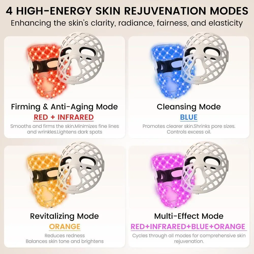 Máscara facial LED Avorla terapia de luz roja portátil recargable con 4 modos e infrarroja, 216 LED luz para piel radiante