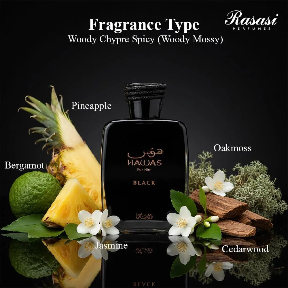 RASASI HAWAS BLACK: fragancia exótica femenina con notas de piña, madera de cedro y ámbar