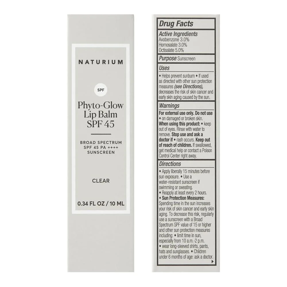 Naturium Phyto-Glow Bálsamo labial SPF 45, Brillo hidratante con protector solar de amplio espectro, transparente