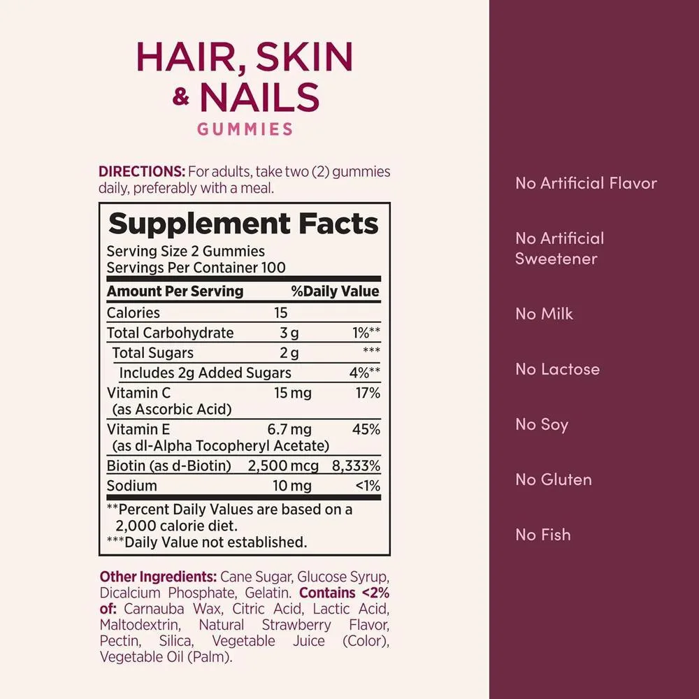 Gomitas Nature's Bounty con biotina para cabello, piel y uñas saludables, sabor a fresa, 200 unidades