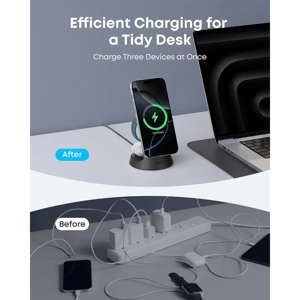 Anker MagSafe Cargador Compatible con iPhone 17/16/15/14, Apple Watch y AirPods, Estación de Carga 3 en 1 MagGo