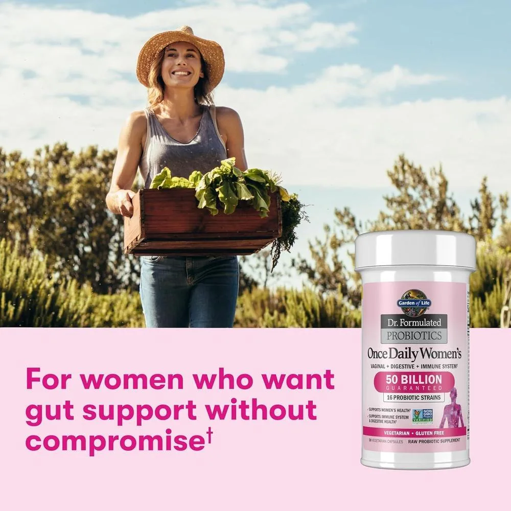 Suplemento probiótico para mujeres, formulado para salud digestiva e inmunitaria, sin gluten. Contiene 30 cápsulas