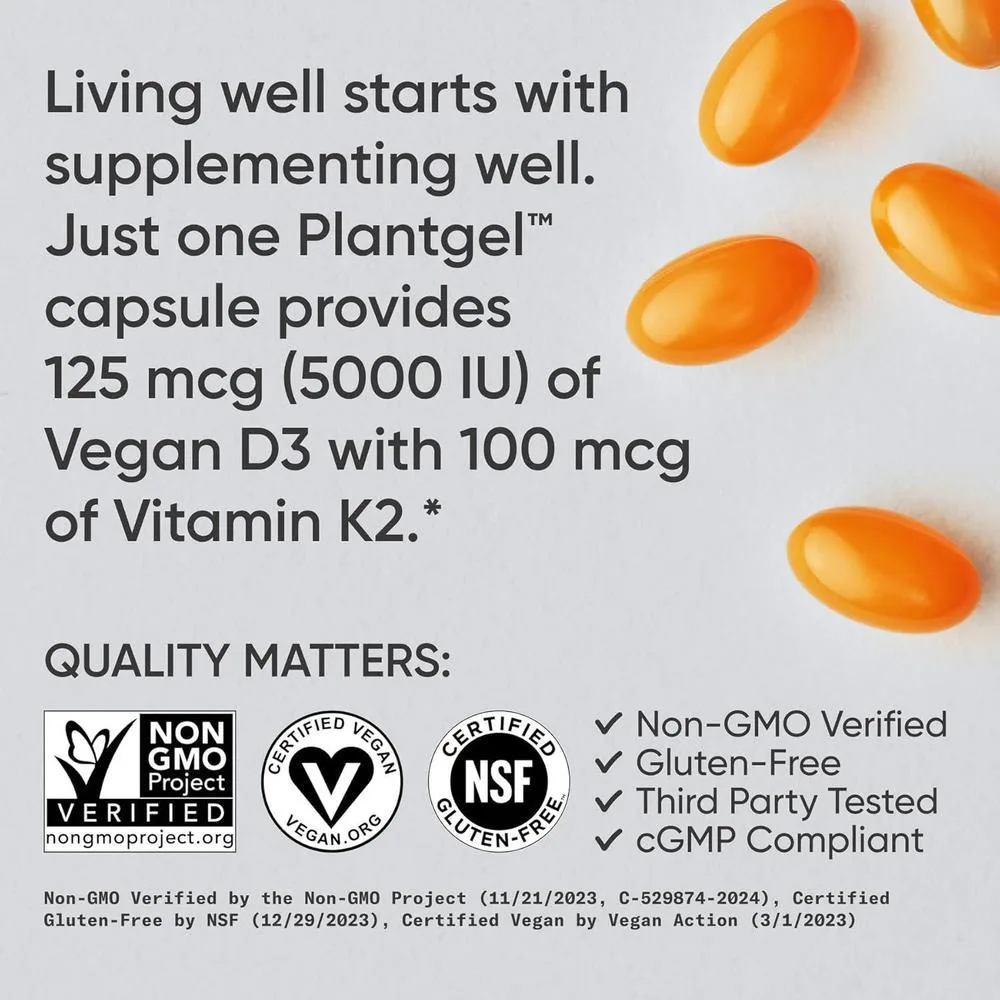 Vitaminas D3 y K2 con aceite de coco, soporte óseo e inmune, certificadas veganas, sin OGM ni soja, 60 cápsulas blandas