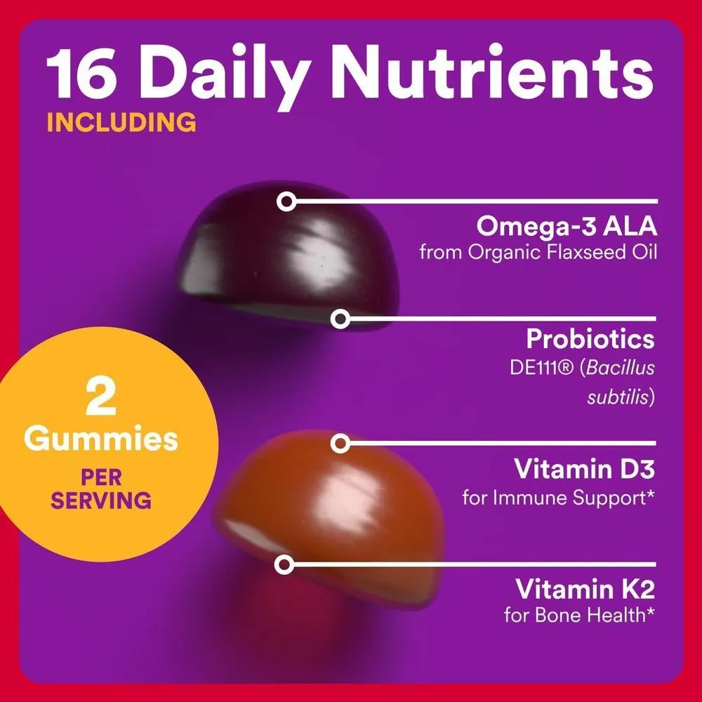 Gomitas multivitamínicas orgánicas para niños con probióticos, vitaminas y omega 3, sabores frutales, sin gluten