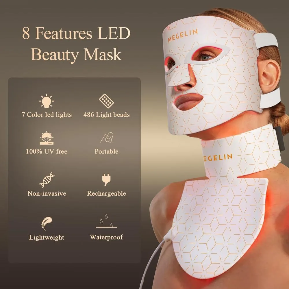 Máscara Facial Y De Cuello Megelin Terapia De Luz Led Roja, 7 Colores, Para Rejuvenecimiento De La Piel Blano