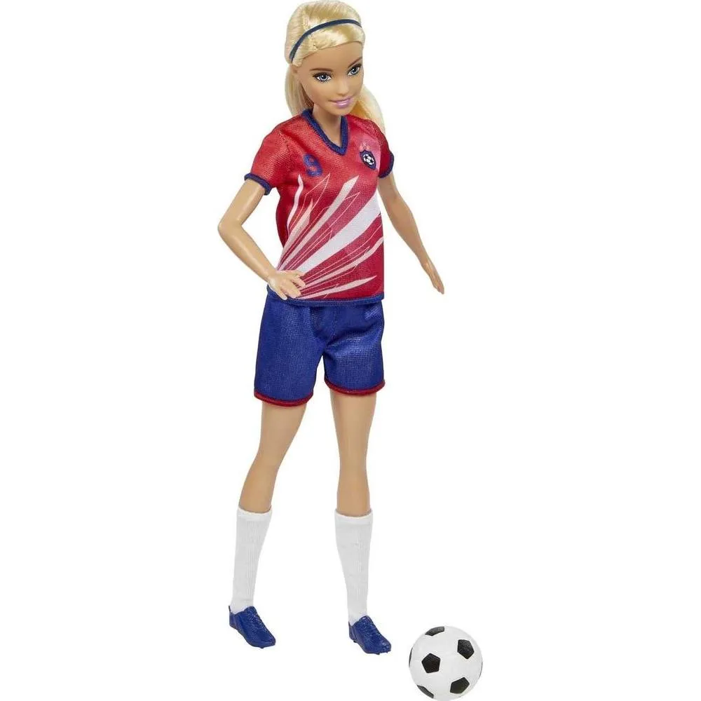 Barbie Muñeca Futbolista con Cola de Caballo Rubia, Uniforme #9, Calcetas Altas, Tacos y Balón