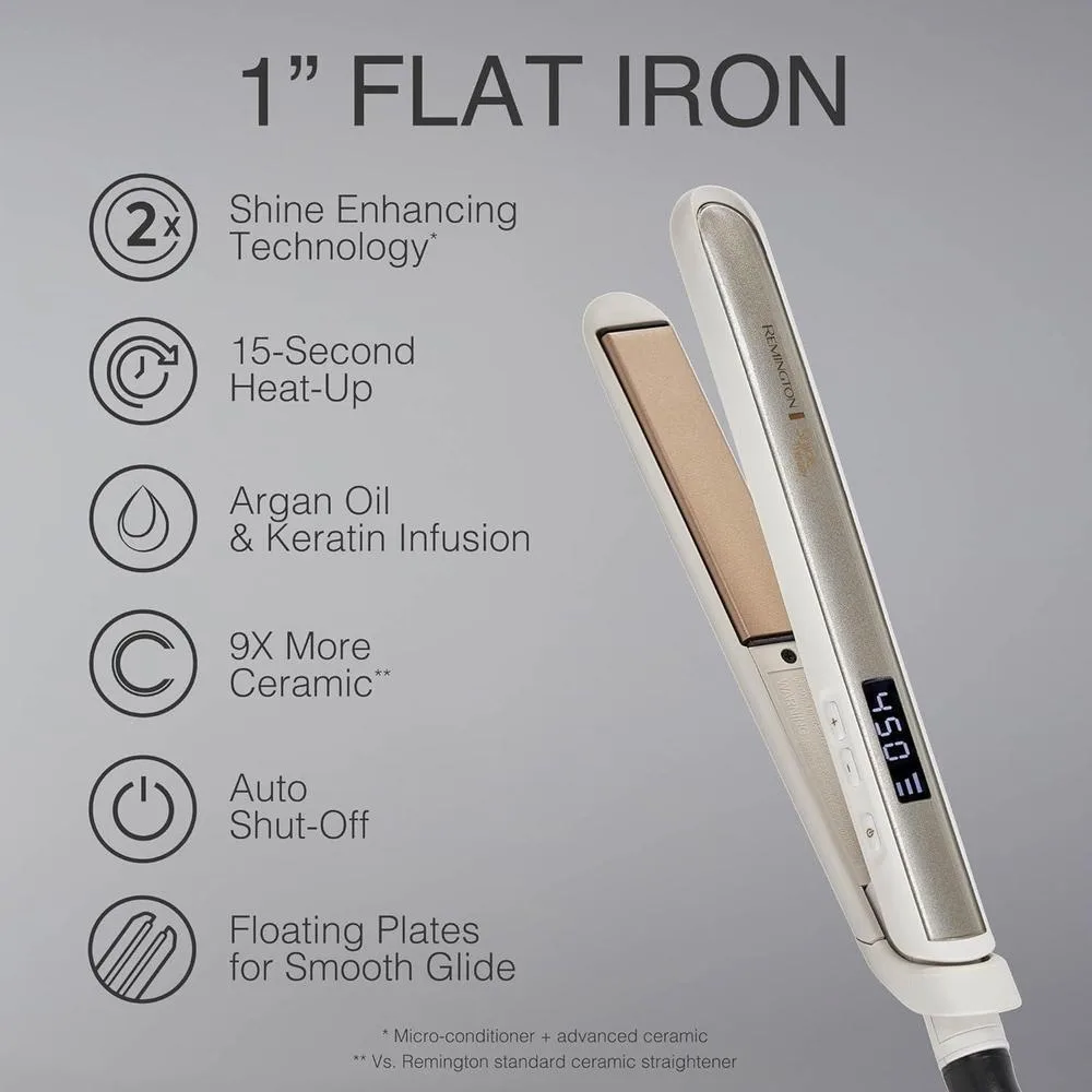 Plancha Remington Shine Therapy infundida con aceite de argán y queratina para un acabado profesional y sin encrespamientos