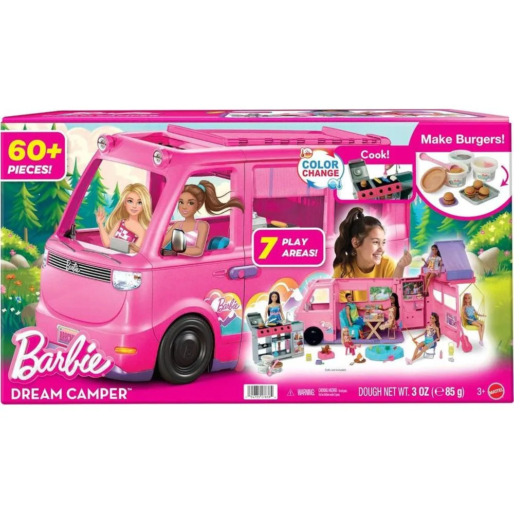 Barbie Dream Camper con carpa en el techo, silla columpio, estanque, parrilla con cambio de color y más de 60 accesorios