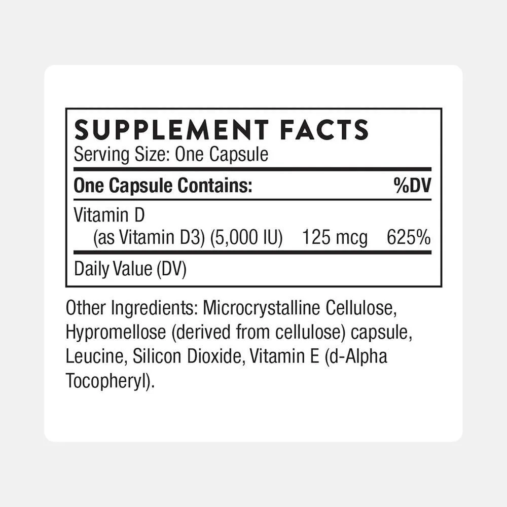 Vitamina D3 THORNE suplemento salud oseo e inmune sin gluten, lácteos o soja certificado NSF deporte 60 cápsulas
