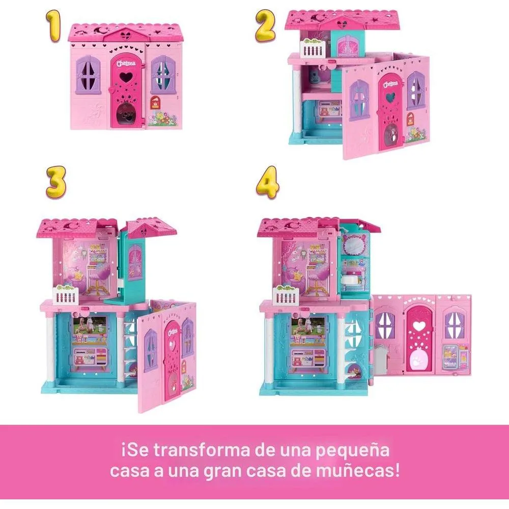 Barbie Chelsea Toy Dollhouse con 15+ accesorios, casa pop-up con 5 áreas de juego y tobogán, incluye muñeca y perro mascota