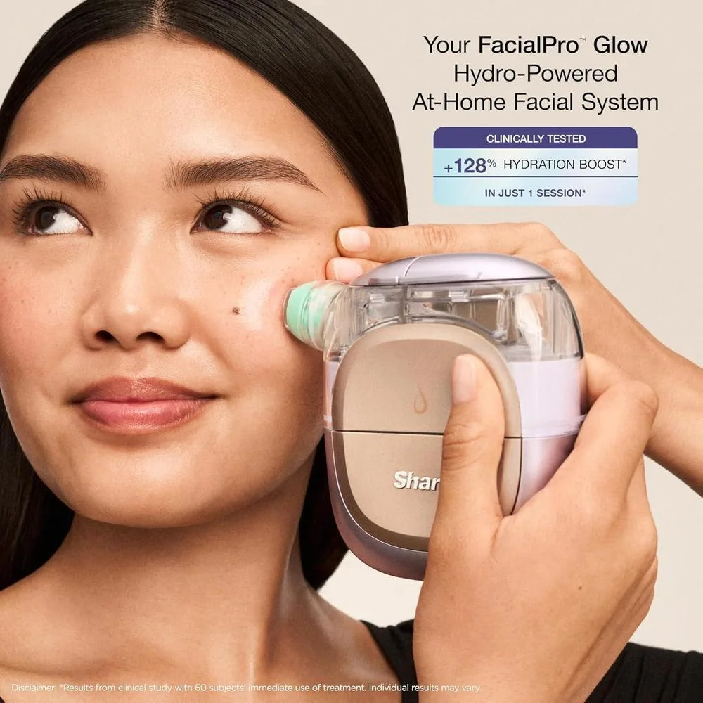 Shark FacialPro Glow Sistema facial hidroalimentado con terapia DePuffi de calor y frío para cuidado profesional de la piel