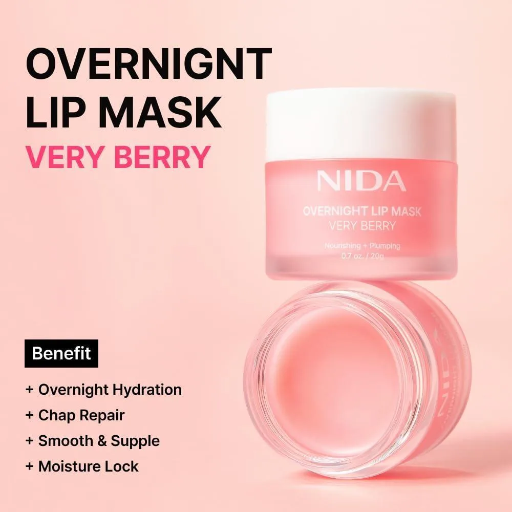 Máscara de noche para labios NIDA Very Berry con hidratación intensa y efecto rellenador para labios secos y agrietados