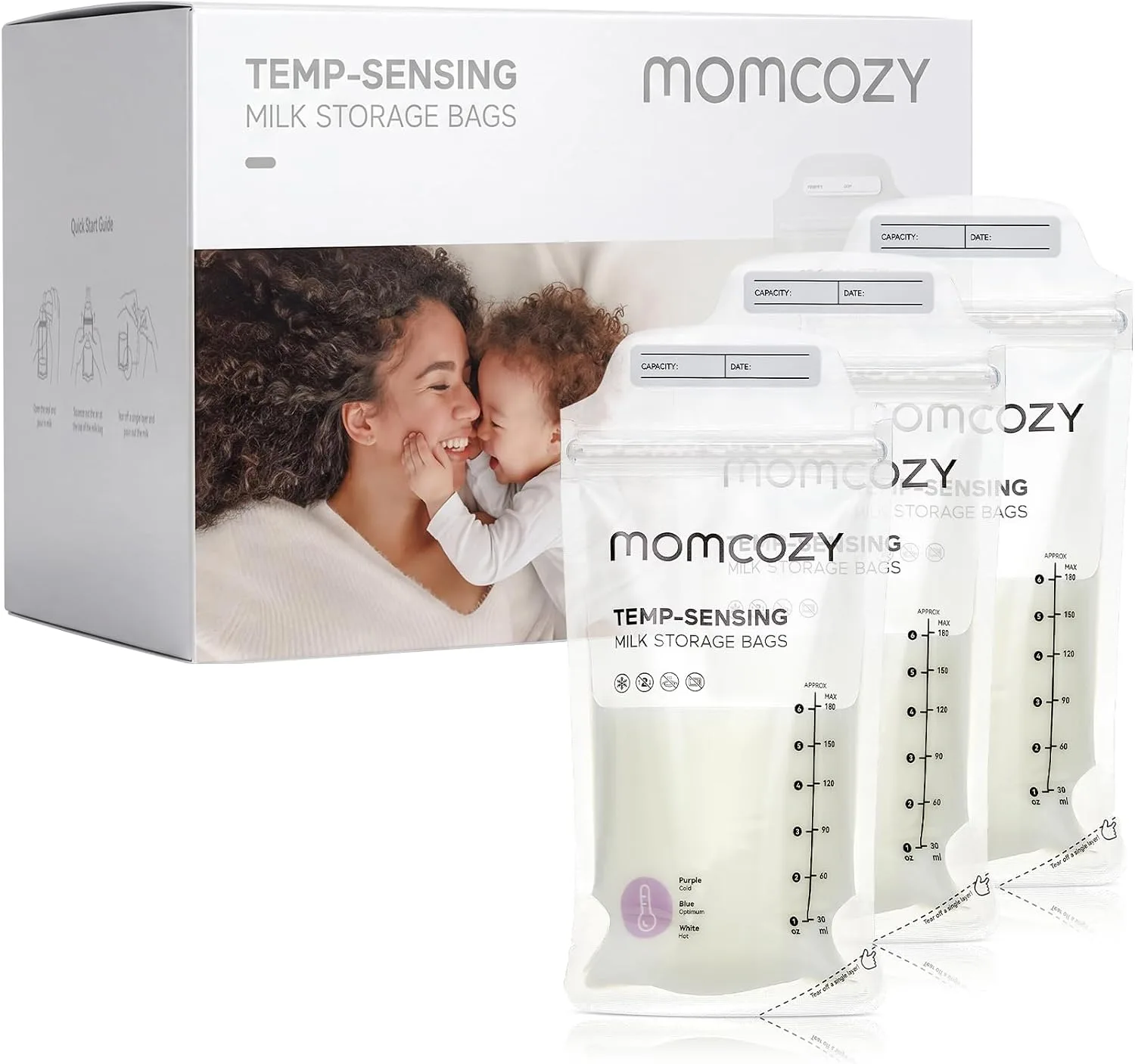 Bolsas para almacenar leche materna Momcozy con sensor de temperatura 6oz 120 piezas
